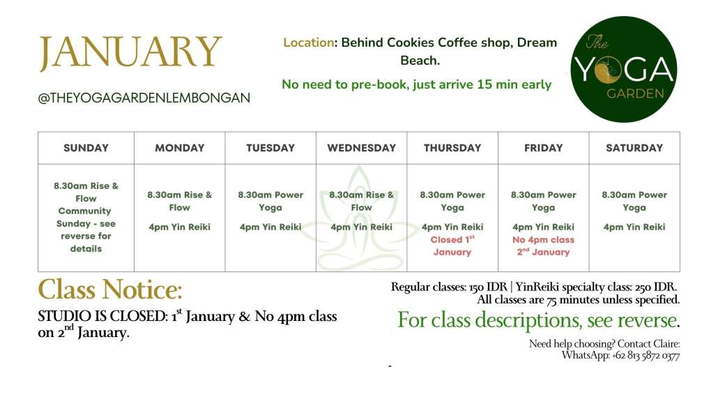THE YOGA GARDEN LEMBONGAN JANUARY 2026 STUDIO SCHEDULE